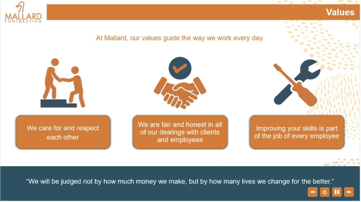 Mallard Contracting Corporate Online Induction Values slide